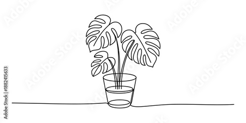 Minimalist one-line art illustration of a monstera plant in a glass vase