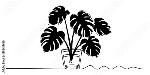 A beautiful and simple continuous line art illustration of a monstera plant in a glass vase