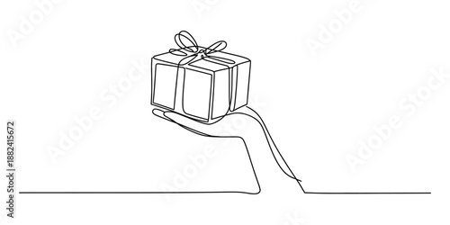 Continuous line drawing illustration of a hand presenting a gift box with a decorative bow