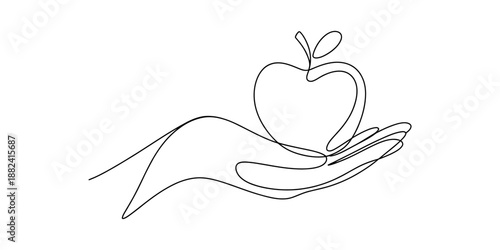 One line drawing representing a hand giving or holding a healthy fresh apple