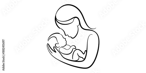 A simple line art illustration depicting a loving mother holding her newborn baby Vector, illustration