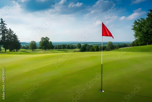 Serene golf course landscape with red flag on green putting surface