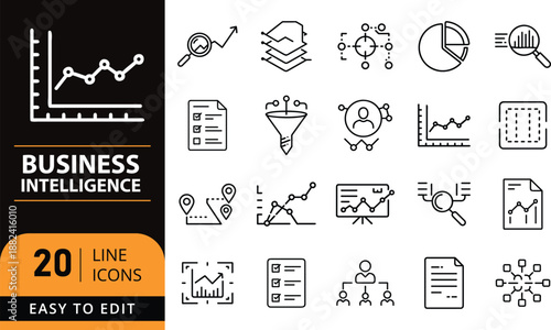 A collection of business intelligence line icons for data analysis and reporting