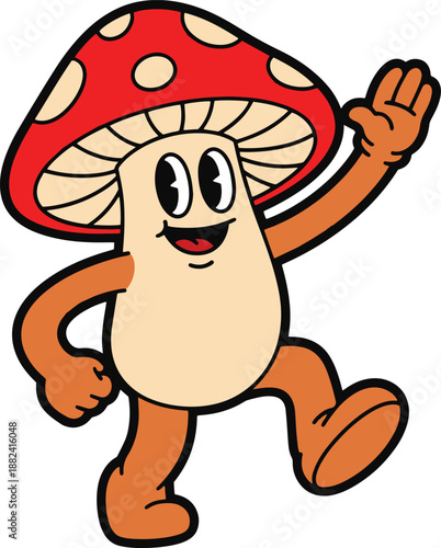 A cartoon mushroom character walking with a happy expression on its face