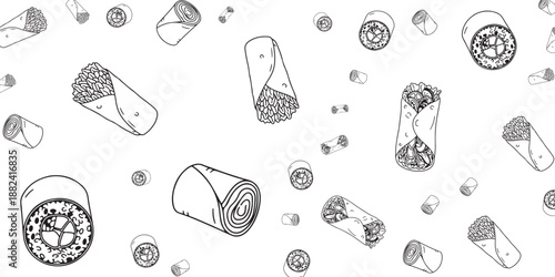 A Whimsical Collection of Hand-Drawn Burritos and Wraps on a White Background