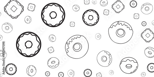 Abstract illustration of various donuts and geometric shapes in a repeating pattern
