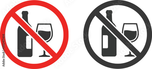 No alcohol sign set: prohibition symbol, alcohol free zone and restricted drinking icon