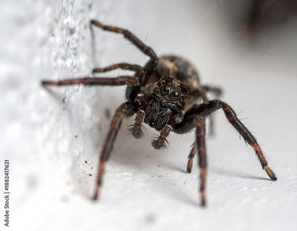 Obraz premium Close-up macro photograph of a dark spider with eight legs, front view
