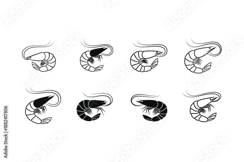 Silhouette of shrimp in various swimming positions