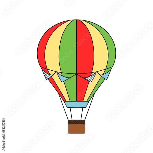 Colorful hot air balloon flying high with red green and yellow stripes