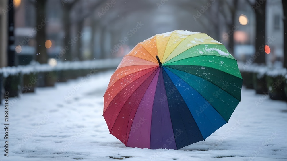 Fototapeta premium Rainbow umbrella under heavy snow in park. World meteorological day
