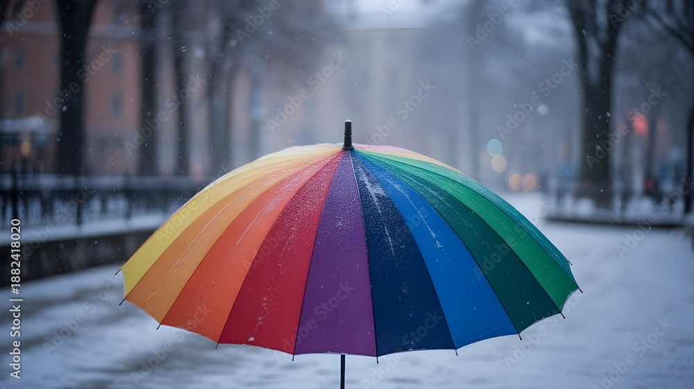 Obraz premium Rainbow umbrella under heavy snow in park. World meteorological day