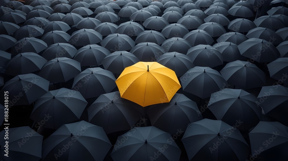 Fototapeta premium Yellow umbrella among black umbrellas for fresh perspective World Meteorological Day.