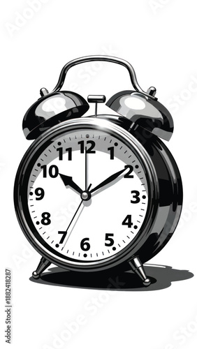 Classic black twin-bell alarm clock with silver accents resting on a white background.