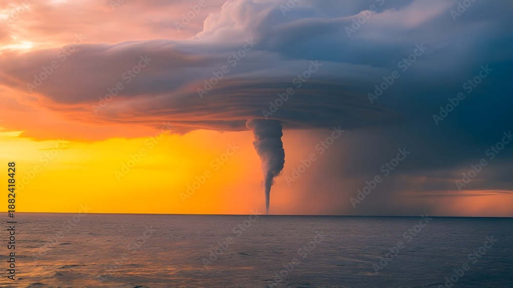 Naklejka premium The sudden appearance of a waterspout, connecting sea and sky in a dramatic display on World Meteorological Day.