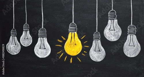 Chalkboard illustration depicting seven lightbulbs, six are dull, one glows brightly. Concept of an idea