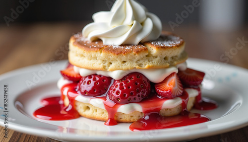 decadent strawberry shortcake topped with whipped cream and berry sauce