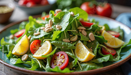 fresh green salad with spinach, cherry tomatoes, and lemon slices