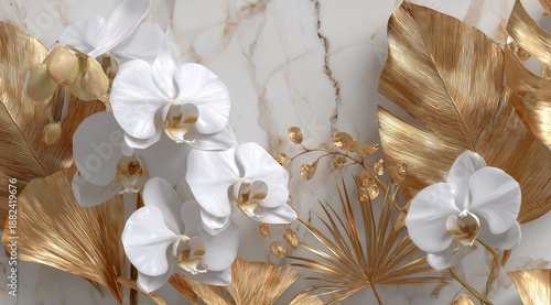 Close-up of pristine white orchids with golden accents against a marble background with gold leaf textures