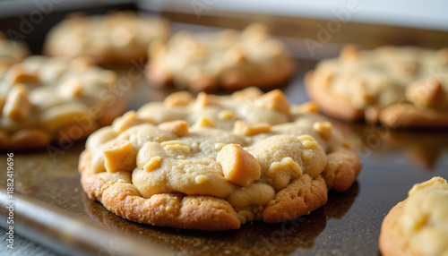 freshly baked cookies with white chocolate chips on a baking tray
