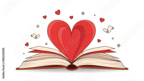 Open book with floating hearts and romantic illustrations symbols of love and reading.