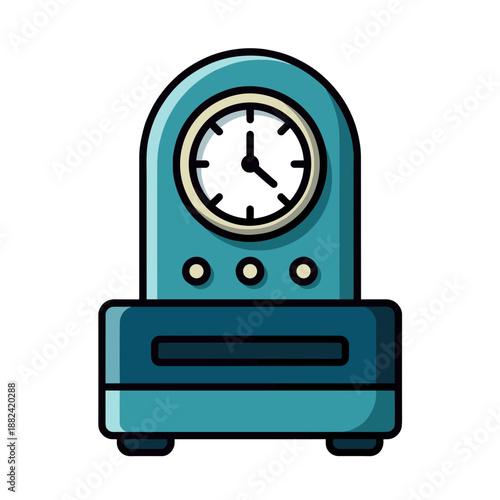 A cartoon illustration shows a blue and teal time clock with an analog face, tracking work attendance.