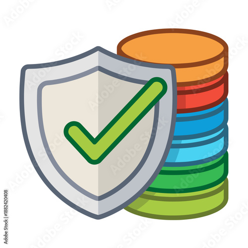 A security shield with a green checkmark indicating protection, placed beside colorful stacks of data or disks.