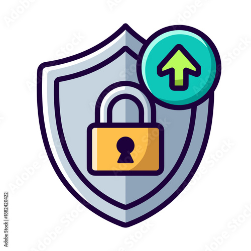 A protective shield with a golden padlock and an upward arrow, signifying secure data upload or enhanced security measures.