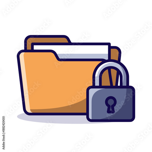 A classic orange file folder icon positioned next to a dark blue padlock, indicating protected or restricted access to files.