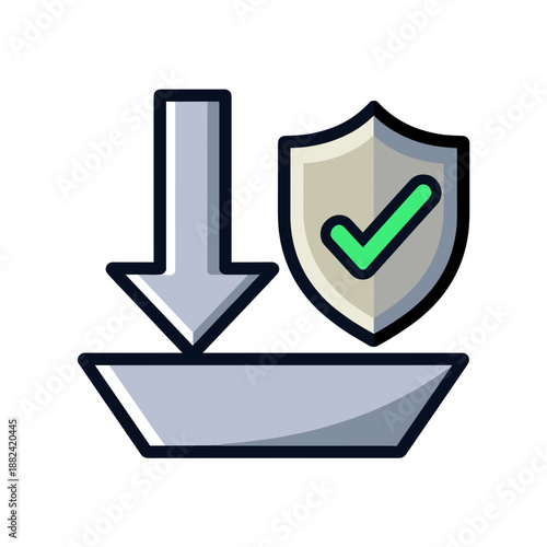 A large downward arrow pointing to a platform, accompanied by a security shield with a green checkmark, symbolizing secure download.