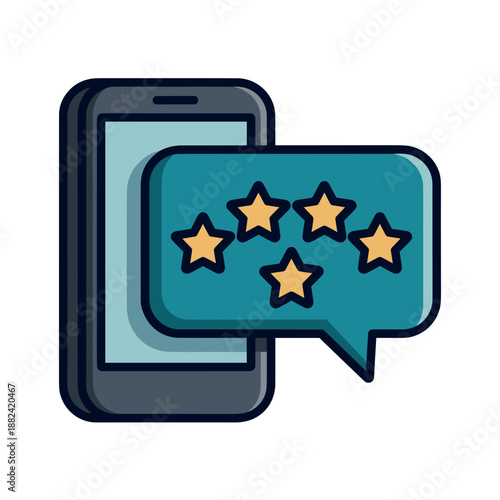 A sleek smartphone displaying a blue speech bubble with five golden stars, symbolizing excellent customer reviews.