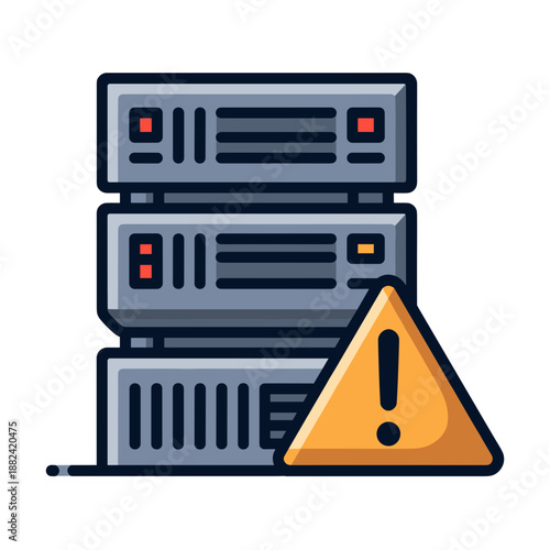 A stack of grey server units with an orange warning triangle, indicating a critical server error or system alert.