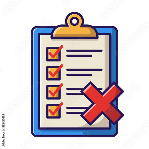 A clipboard displaying a checklist with orange checkmarks and a red cross symbol, indicating task failure.
