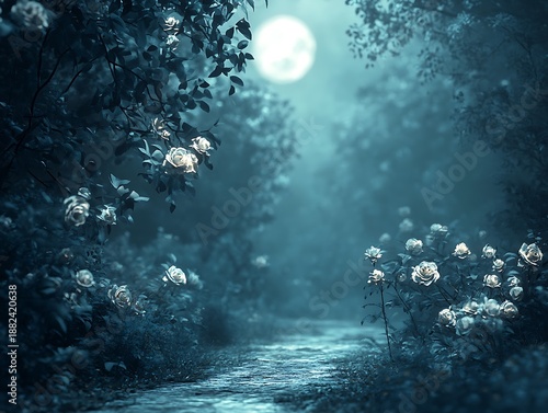 Ethereal moonlit stroll through a whimsical garden filled with enchanting white roses