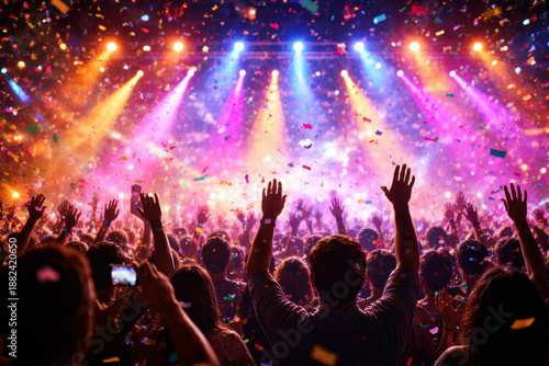Excited crowd at live music concert with raised hands, colorful stage lights and falling confetti, capturing celebration, energy, freedom and vibrant festival atmosphere.