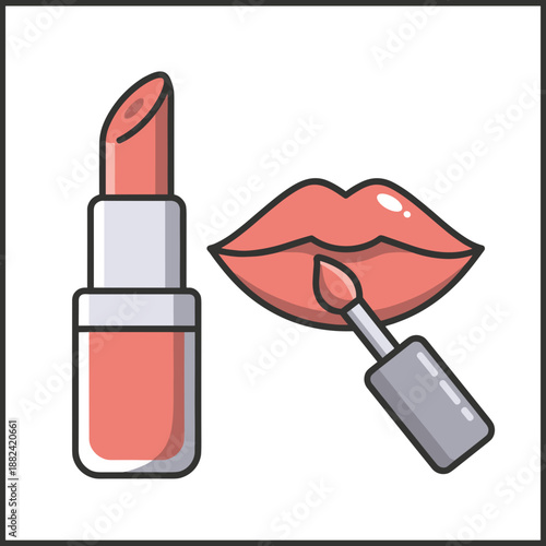 A vibrant vector illustration features an open pink lipstick next to a lip gloss applicator and a pair of luscious lips.