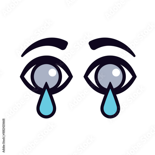 A poignant cartoon illustration displays two large, expressive eyes shedding blue teardrops, conveying sadness or emotion.