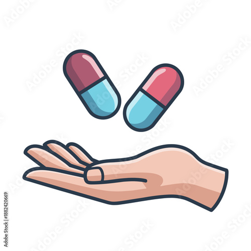 A vibrant cartoon illustration shows a human hand outstretched, with two colorful capsules floating above it.