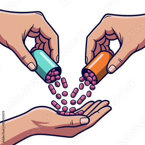 A detailed illustration shows two hands pouring numerous small pills from bottles into another outstretched hand.