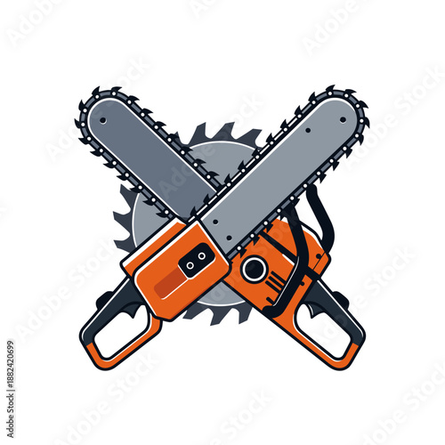 A striking illustration depicting two powerful orange chainsaws crossed over each other, set against a circular saw blade background.