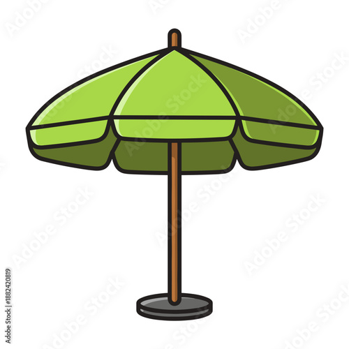 A bright green beach umbrella with a brown pole stands tall, providing excellent shade for outdoor relaxation.