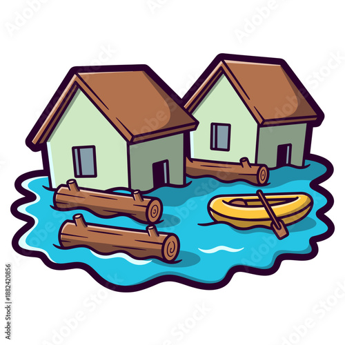 Two houses surrounded by floodwaters, floating logs, and a small boat illustrate the destructive impact of natural disasters.