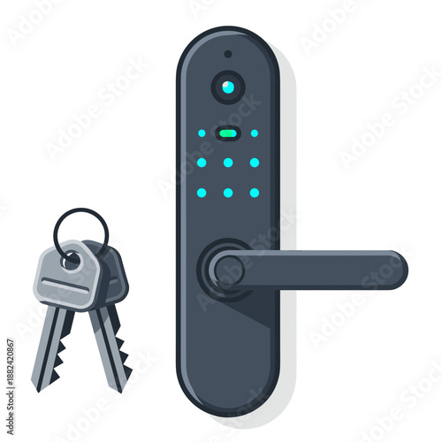 A modern smart door lock with a keypad and handle is displayed next to traditional keys, signifying home security.