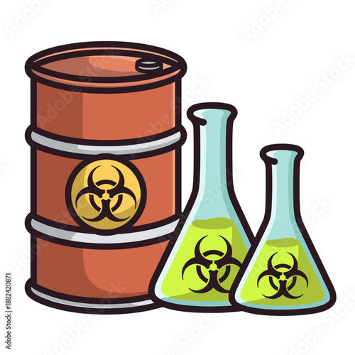 A red biohazard barrel stands prominently beside two green conical flasks, each marked with a distinct biohazard symbol.