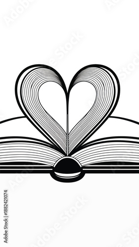 Open book forms a heart from its pages, symbolizing love of reading and learning.