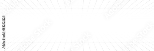 Futuristic grid background. Abstract white wireframe. Digital geometric mesh. Perspective lines with white gradient effect. Cyber design template for poster or web. Vector illustration.