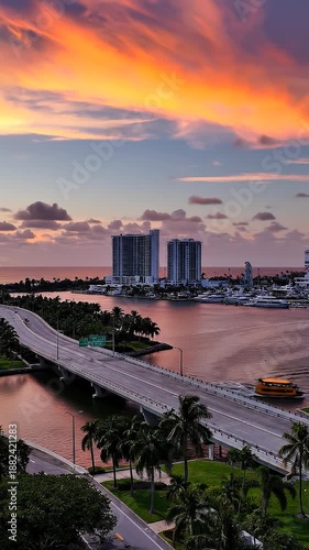 Amazing time-lapse drone footage of waterways in Ft. Lauderdale Florida.  Sunset captured with moving boats, cars and colorful sunset.