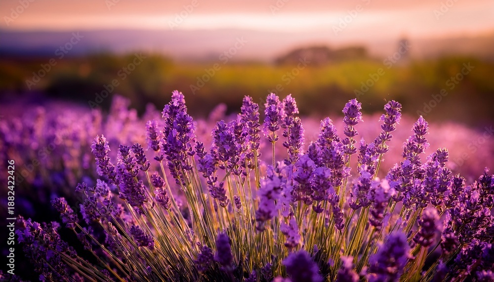 Obraz premium Close Up Of Lavender Bushes Under Evening Light Floral Textures Suitable For Background Or Layout Design