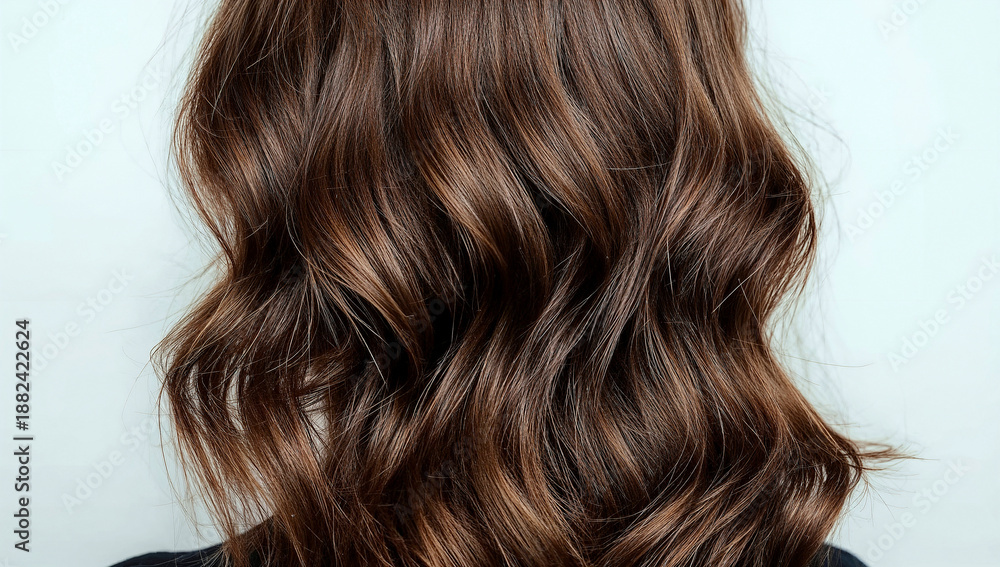 Naklejka premium Elegant woman with long brown hair and shiny curls