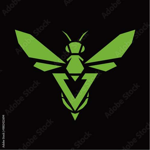 A stylized green bee or wasp logo with a prominent 'V' shape on a black background, featuring geometric and minimalist design.